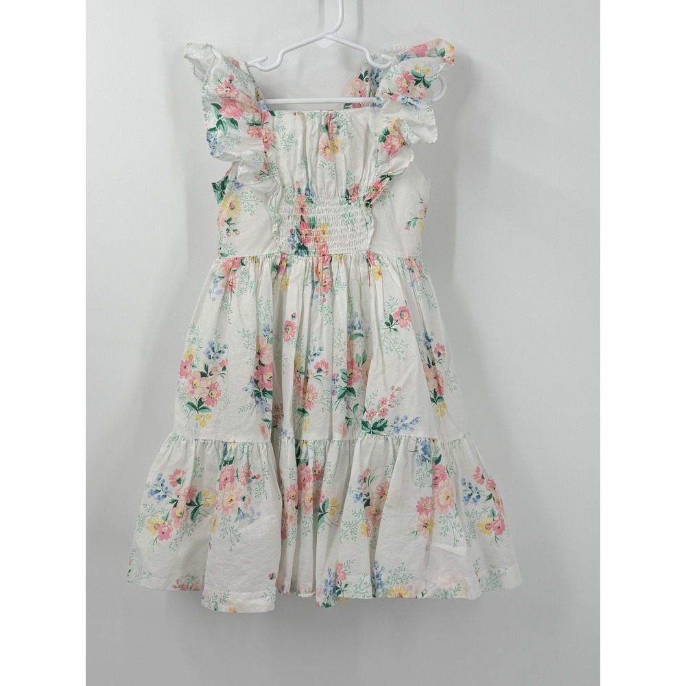 Janie and Jack Floral Ruffle Dress Girls sz 5 White Pink Blue Cotton Sleeveless